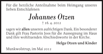 Traueranzeige von Johannes Otzen von Flensburger Tageblatt