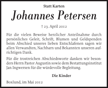 Traueranzeige von Johannes Petersen von Husumer Nachrichten