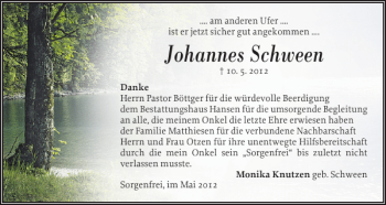 Traueranzeige von Johannes Schween von Flensburger Tageblatt