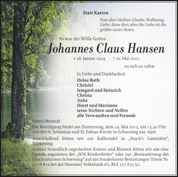 Traueranzeige von Johannes Claus Hansen von Husumer Nachrichten