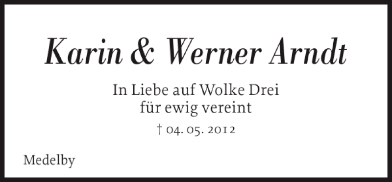  Traueranzeige für Karin Werner Arndt vom 12.05.2012 aus Flensburger Tageblatt