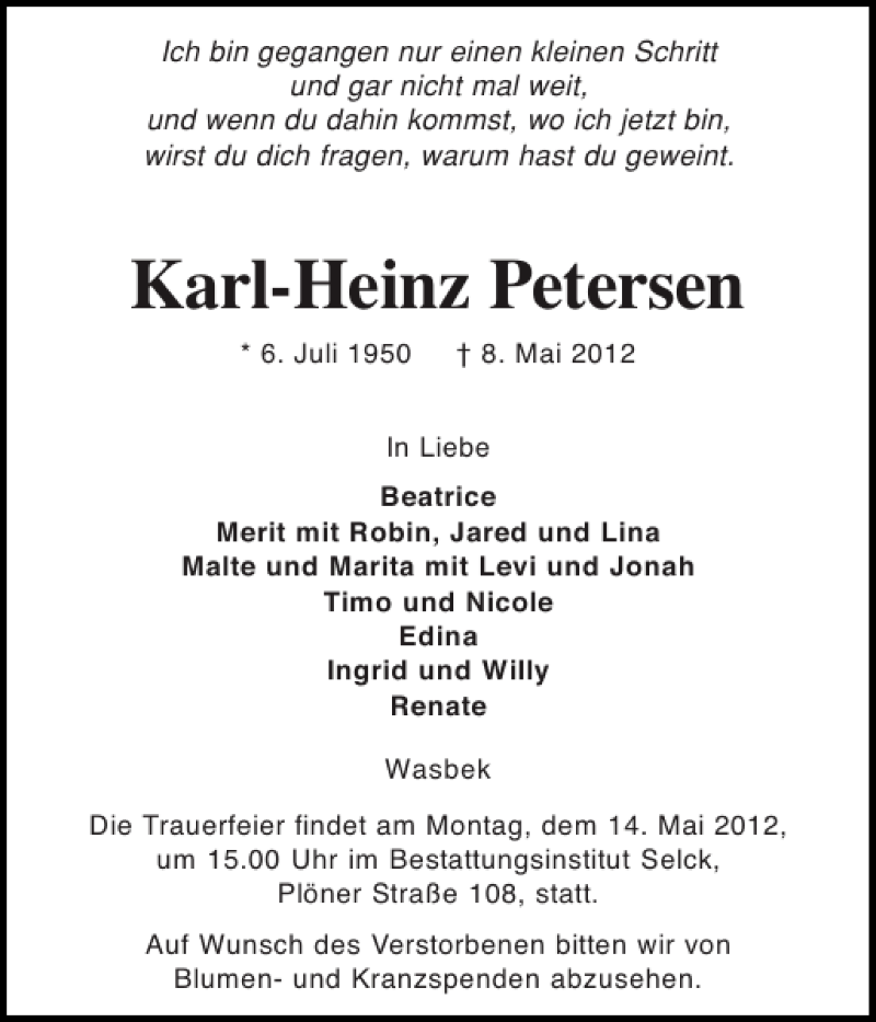  Traueranzeige für Karl-Heinz Petersen vom 11.05.2012 aus Holsteinischer Courier