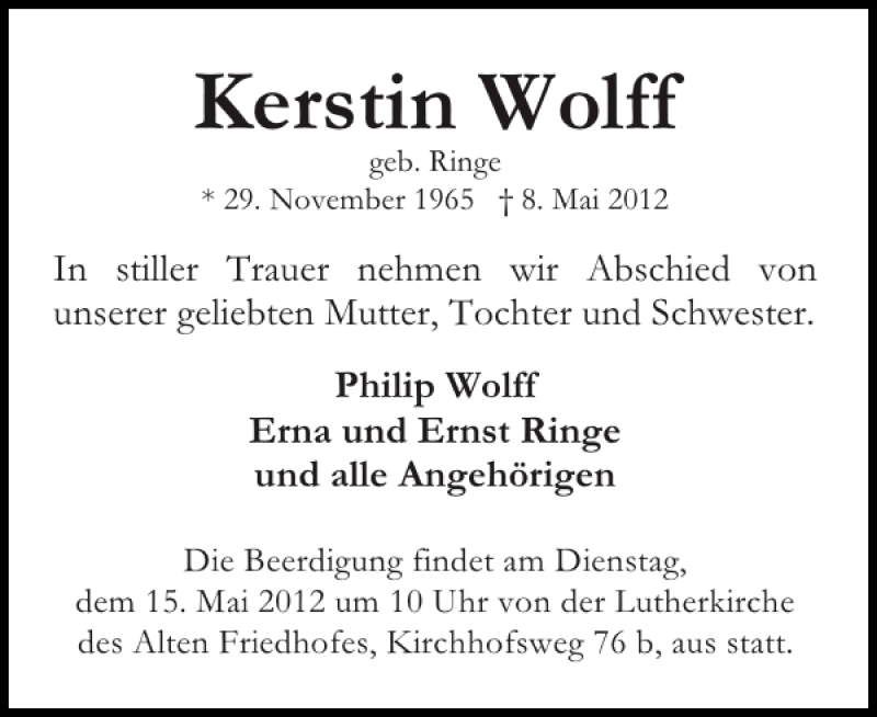  Traueranzeige für Kerstin Wolff vom 12.05.2012 aus Pinneberger Tageblatt