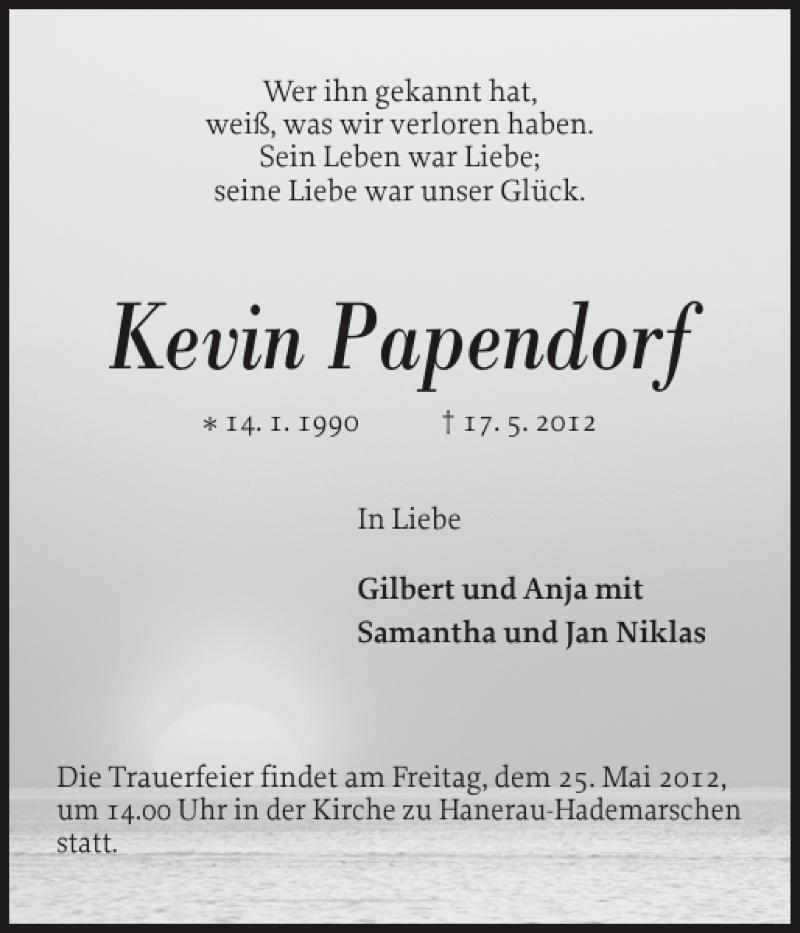  Traueranzeige für Kevin Papendorf vom 23.05.2012 aus Landeszeitung