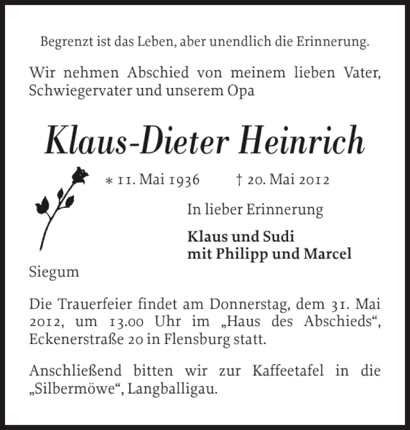  Traueranzeige für Klaus-Dieter Heinrich vom 26.05.2012 aus Flensburger Tageblatt