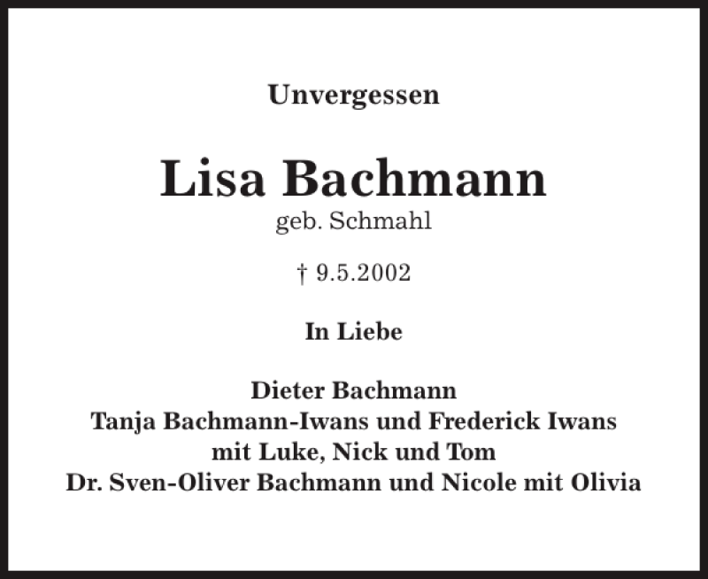  Traueranzeige für Lisa Bachmann vom 12.05.2012 aus Pinneberger Tageblatt