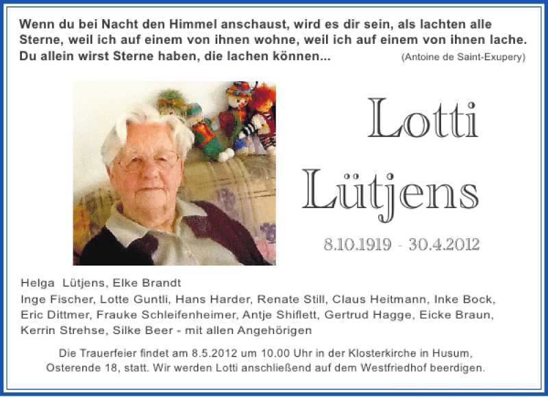  Traueranzeige für Lotti Lütjens vom 05.05.2012 aus Husumer Nachrichten