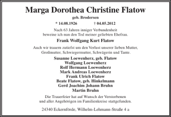 Traueranzeige von Marga Dorothea Christine Flatow von Eckernförder Zeitung