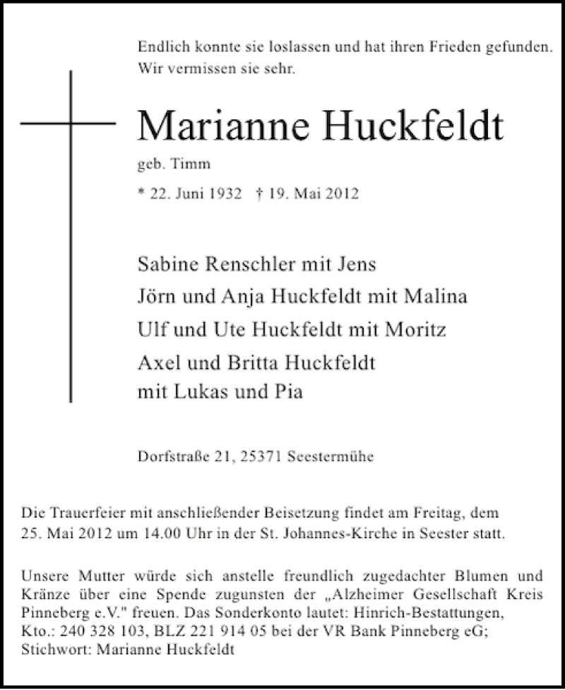  Traueranzeige für Marianne Huckfeldt vom 23.05.2012 aus Elmshorner Nachrichten