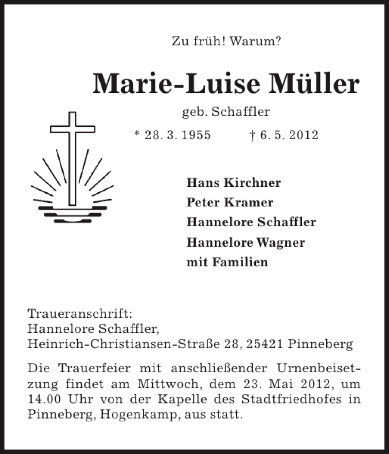  Traueranzeige für Marie-Luise Müller vom 19.05.2012 aus Pinneberger Tageblatt