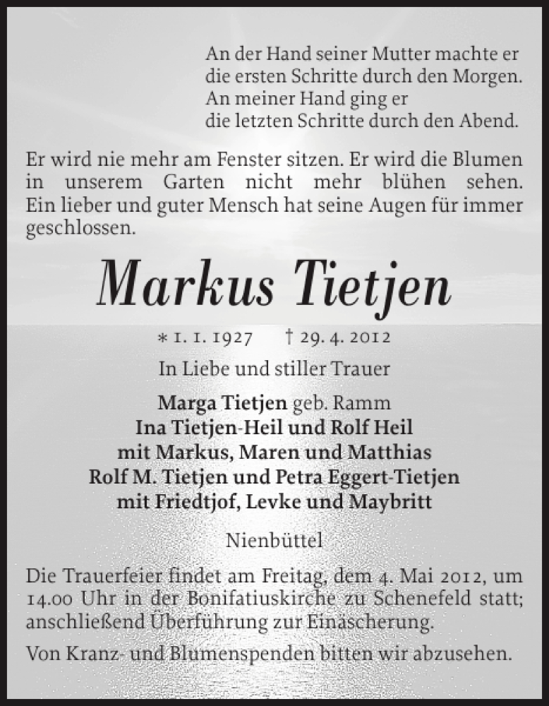  Traueranzeige für Markus Tietjen vom 02.05.2012 aus Norddeutsche Rundschau