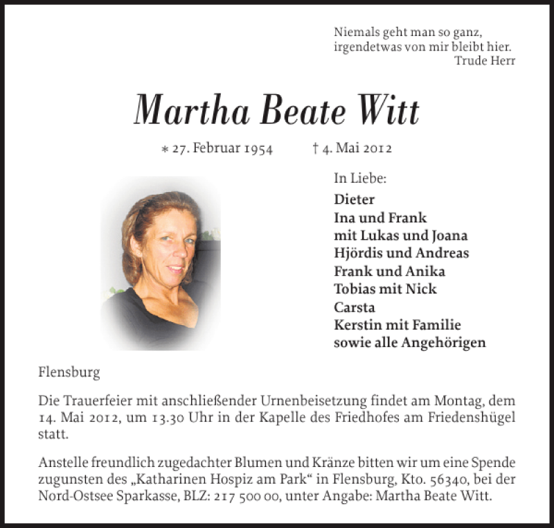  Traueranzeige für Martha Beate Witt vom 12.05.2012 aus Flensburger Tageblatt