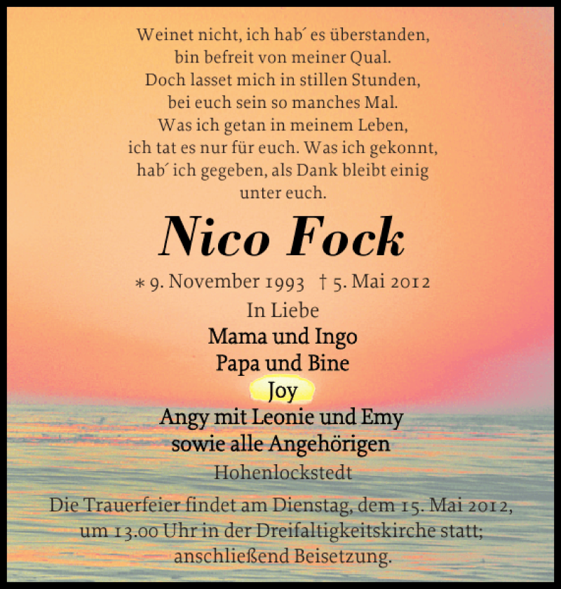  Traueranzeige für Nico Fock vom 12.05.2012 aus Norddeutsche Rundschau