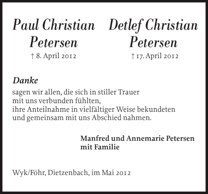  Traueranzeige für Paul Christian Petersen vom 26.05.2012 aus Der Insel-Bote
