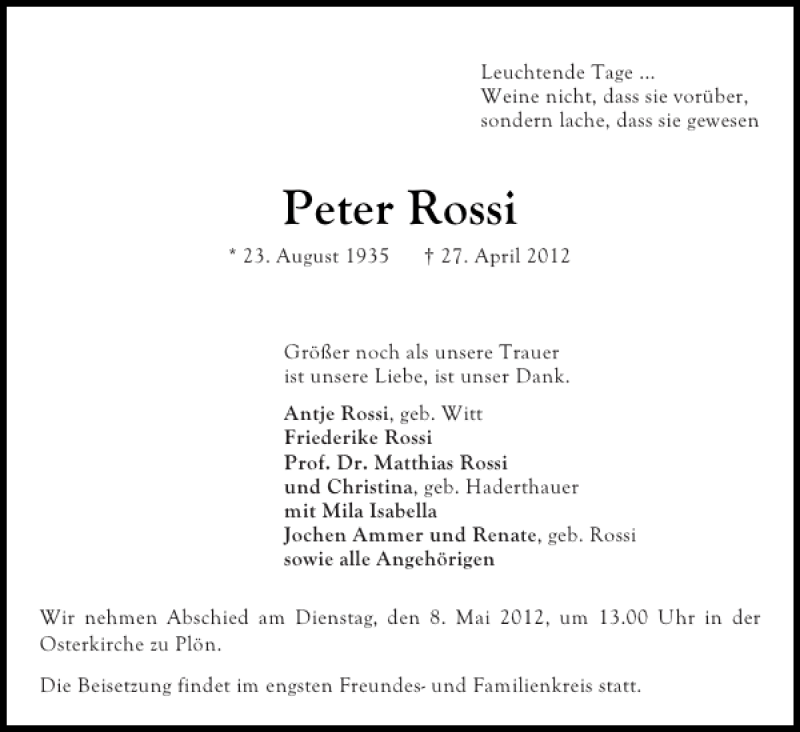  Traueranzeige für Peter Rossi vom 04.05.2012 aus Ostholsteiner Anzeiger