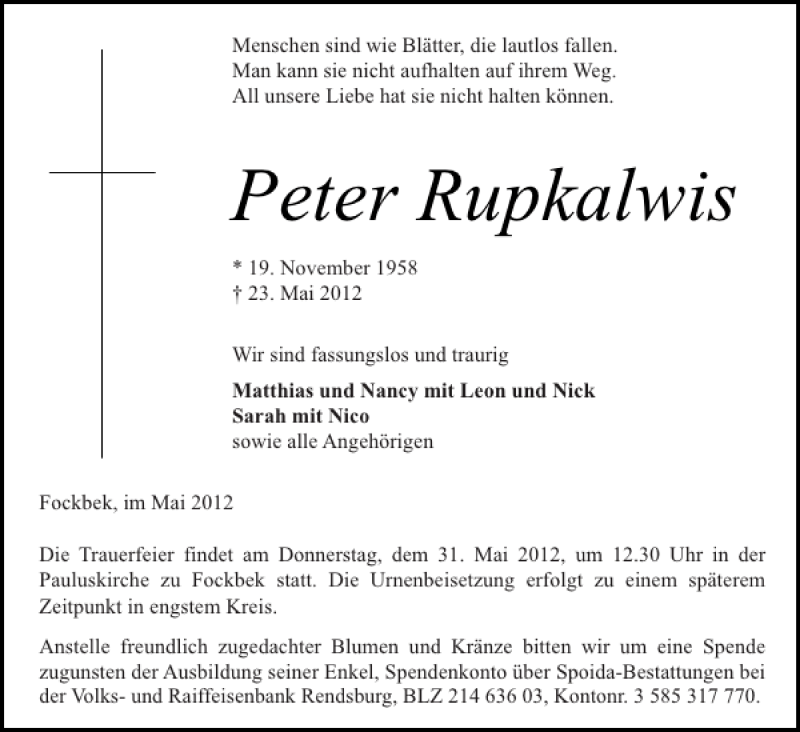  Traueranzeige für Peter Rupkalwis vom 29.05.2012 aus Landeszeitung