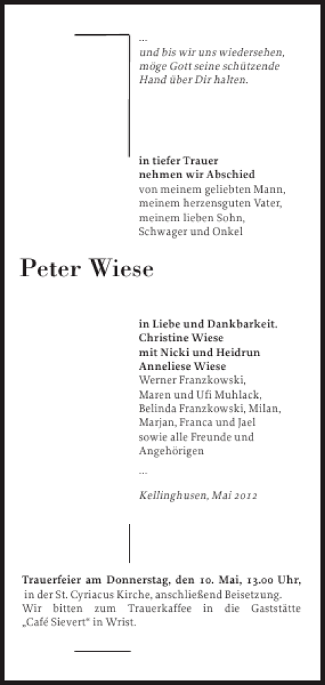  Traueranzeige für Peter Wiese vom 04.05.2012 aus Norddeutsche Rundschau