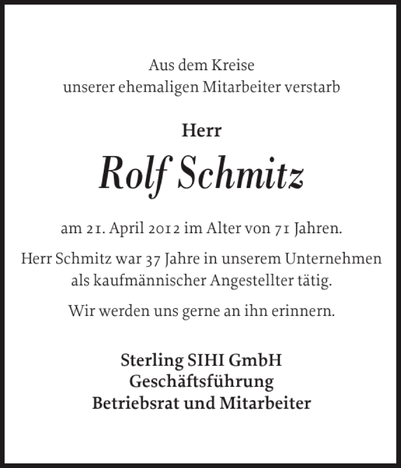  Traueranzeige für Rolf Schmitz vom 03.05.2012 aus Norddeutsche Rundschau