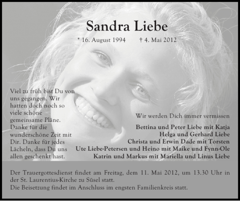  Traueranzeige für Sandra Liebe vom 09.05.2012 aus Ostholsteiner Anzeiger