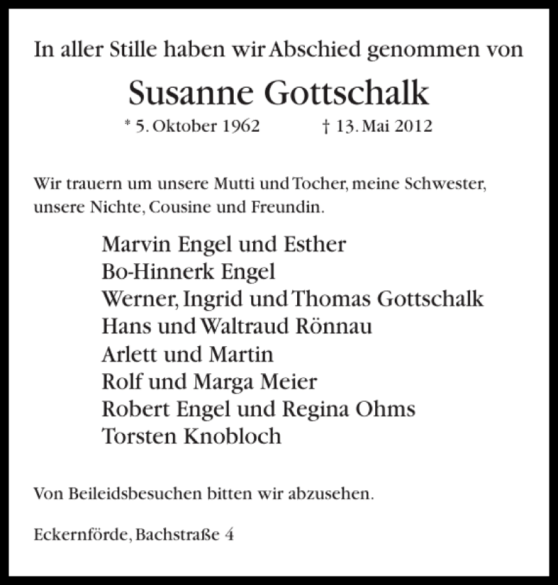  Traueranzeige für Susanne Gottschalk vom 26.05.2012 aus Eckernförder Zeitung