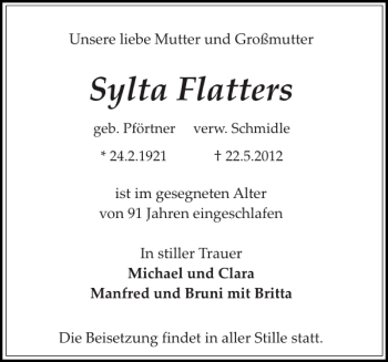 Traueranzeige von Sylta Flatters von Sylter Rundschau