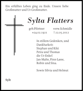 Traueranzeige von Sylta Flatters von Sylter Rundschau