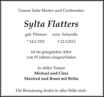 Traueranzeige von Sylta Flatters von Sylter Rundschau