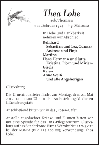 Traueranzeige von Thea Lohe von Flensburger Tageblatt