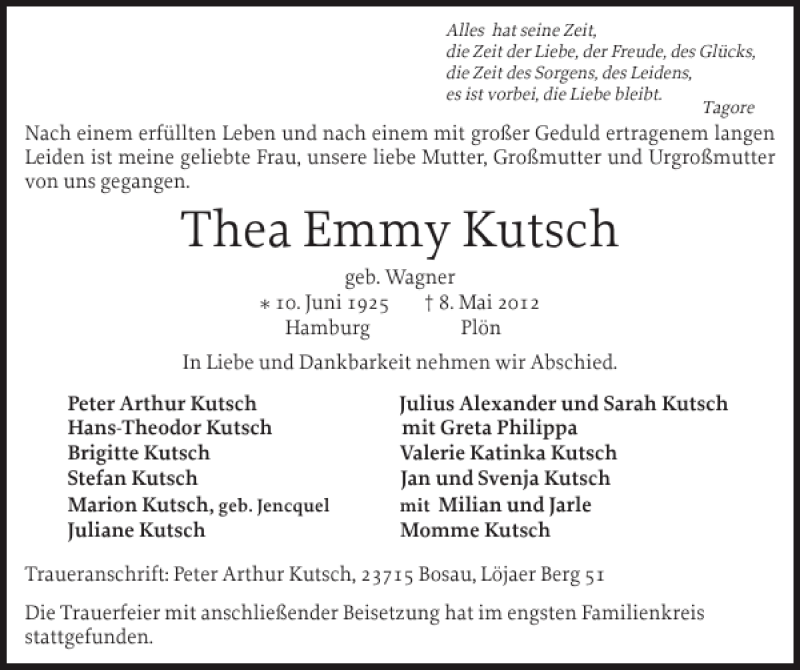  Traueranzeige für Thea Emmy Kutsch vom 22.05.2012 aus Ostholsteiner Anzeiger