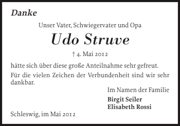 Traueranzeige von Udo Struve von Schleswiger Nachrichten