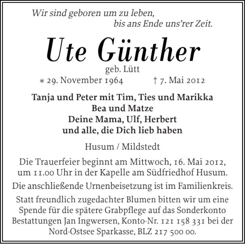  Traueranzeige für Ute Günther vom 12.05.2012 aus Husumer Nachrichten