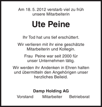 Traueranzeige von Ute Peine von Schlei-Bote