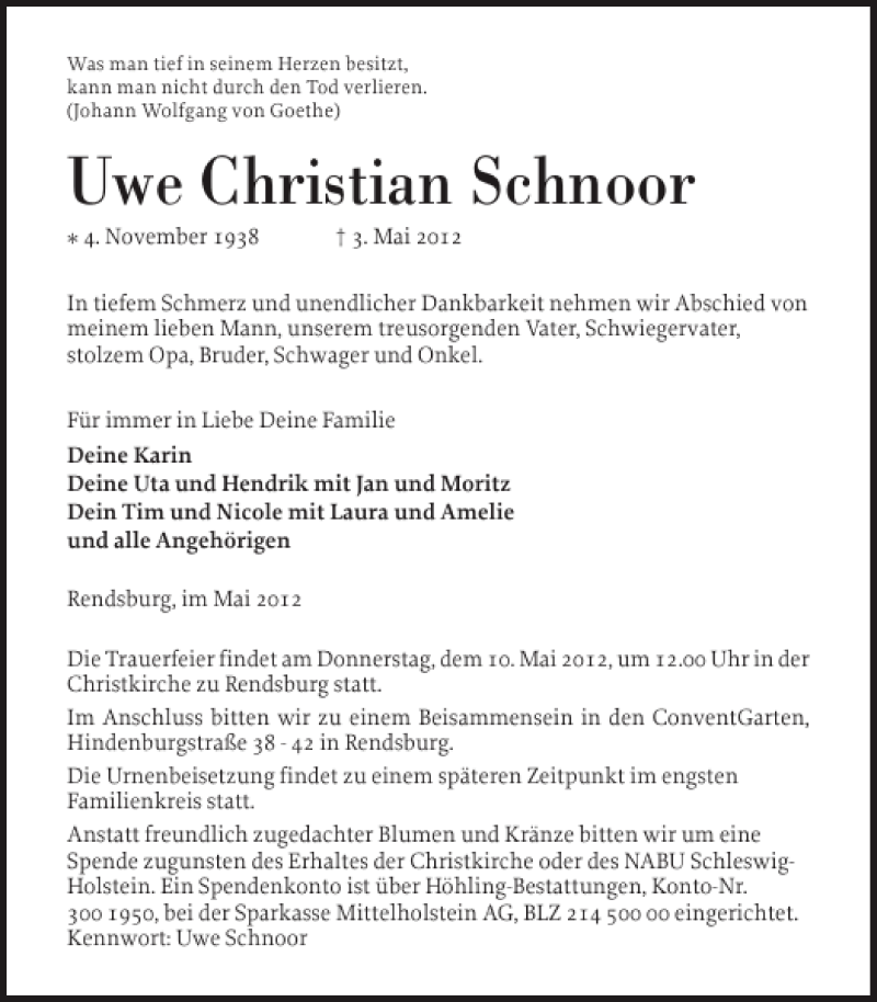  Traueranzeige für Uwe Christian Schnoor vom 07.05.2012 aus Landeszeitung