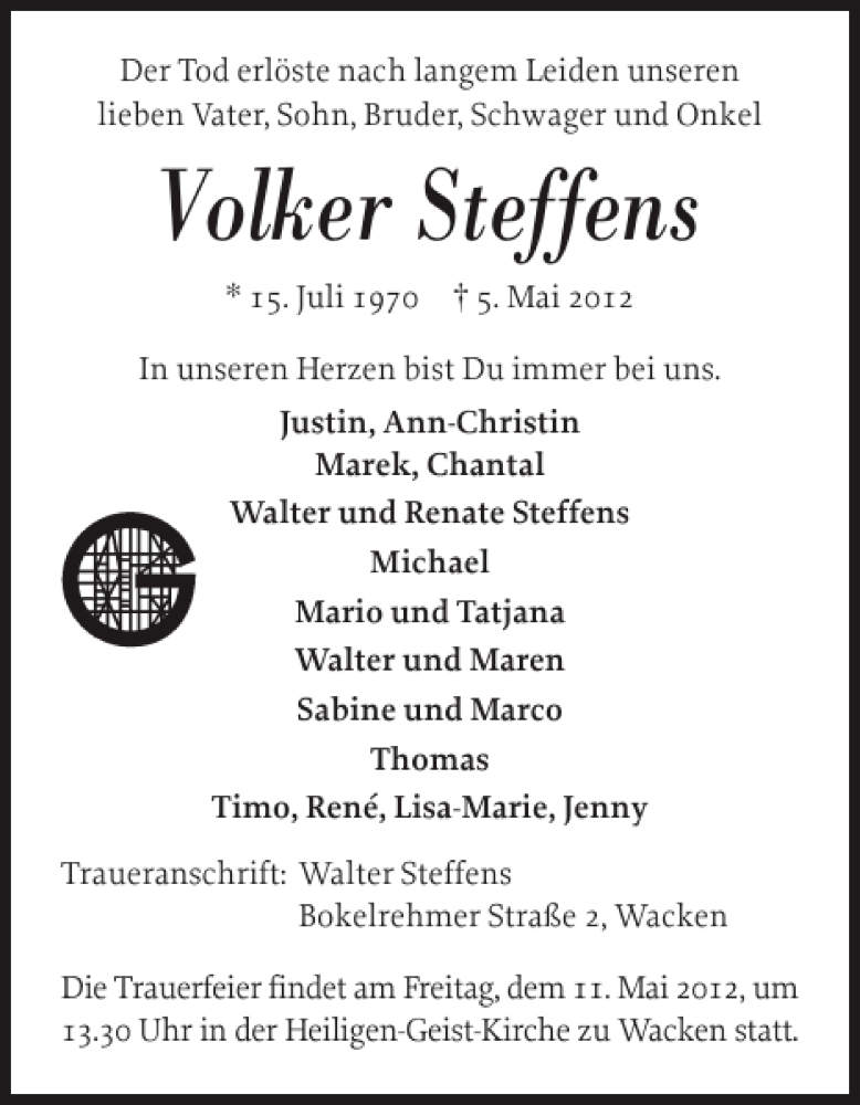  Traueranzeige für Volker Steffens vom 09.05.2012 aus Norddeutsche Rundschau
