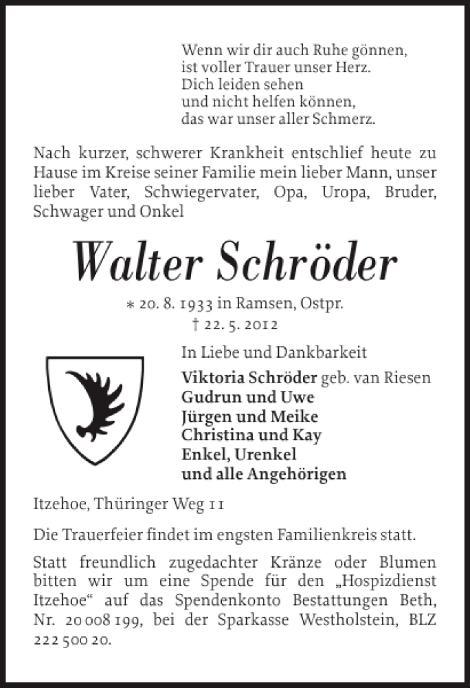  Traueranzeige für Walter Schröder vom 26.05.2012 aus Norddeutsche Rundschau