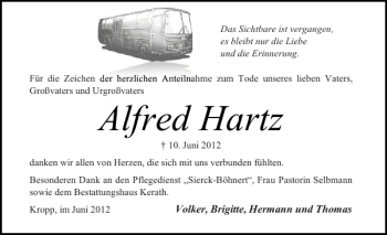 Traueranzeige von Alfred Hartz Alfred von Landeszeitung