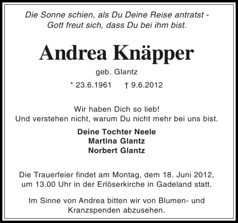  Traueranzeige für Andrea Knäpper vom 13.06.2012 aus Holsteinischer Courier