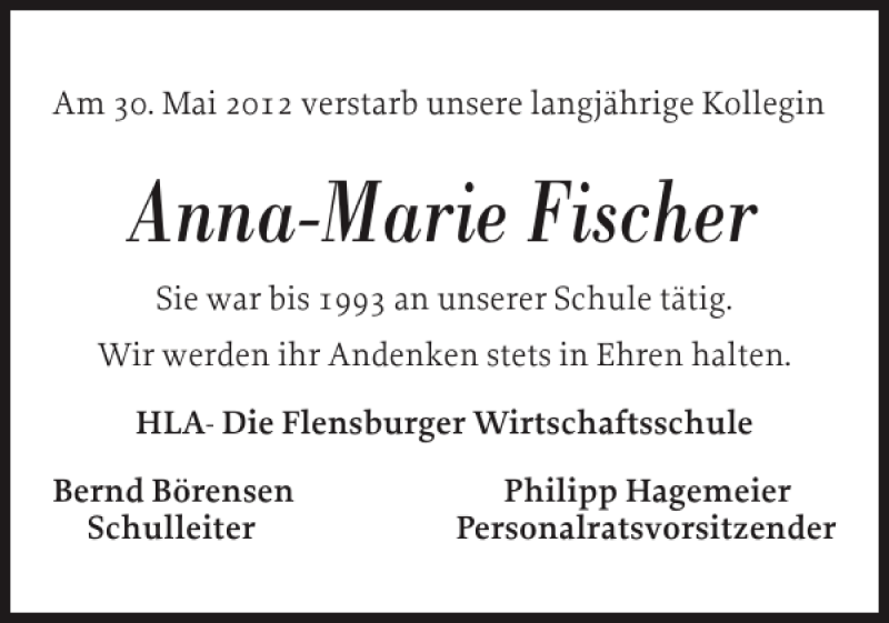  Traueranzeige für Anna-Marie Fischer vom 05.06.2012 aus Flensburger Tageblatt