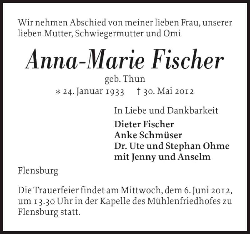  Traueranzeige für Anna-Marie Fischer vom 04.06.2012 aus Flensburger Tageblatt
