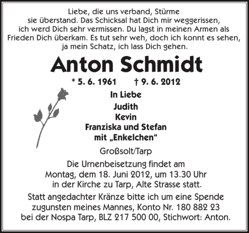  Traueranzeige für Anton Schmidt vom 14.06.2012 aus Flensburger Tageblatt