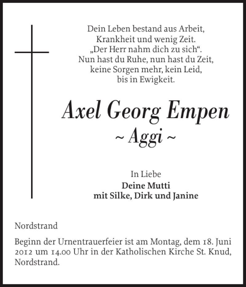  Traueranzeige für Axel Georg Empen vom 14.06.2012 aus Husumer Nachrichten