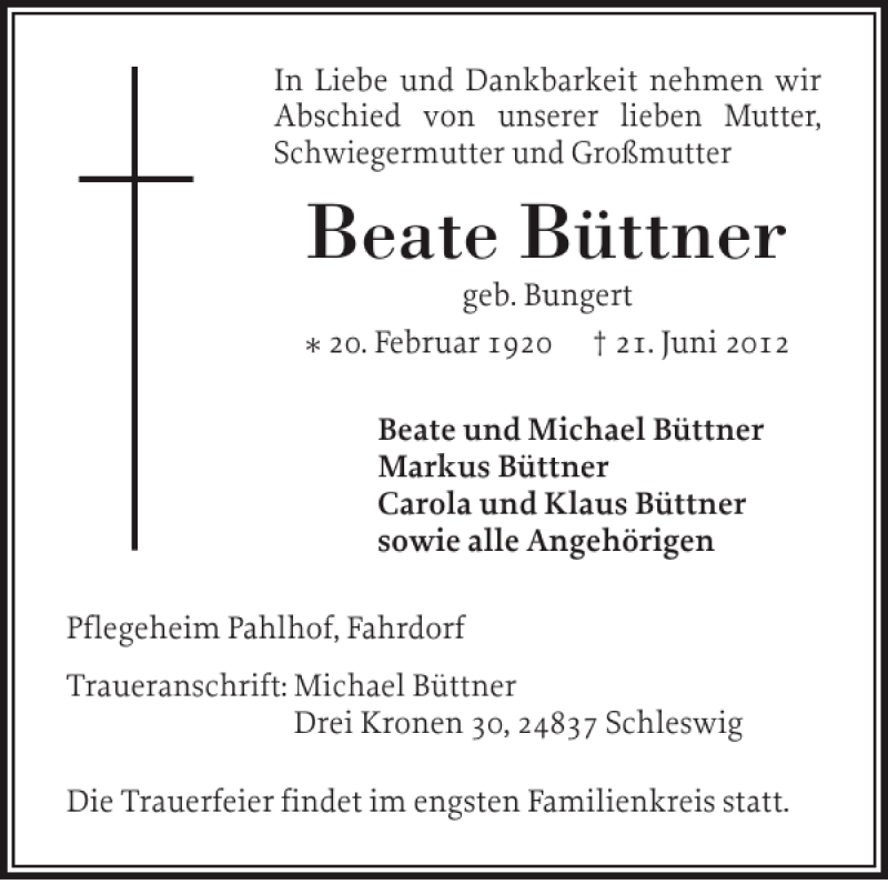  Traueranzeige für Beate Büttner vom 25.06.2012 aus Schleswiger Nachrichten