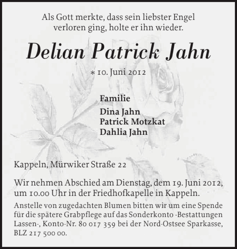  Traueranzeige für Delian Patrick Jahn vom 16.06.2012 aus Schlei-Bote