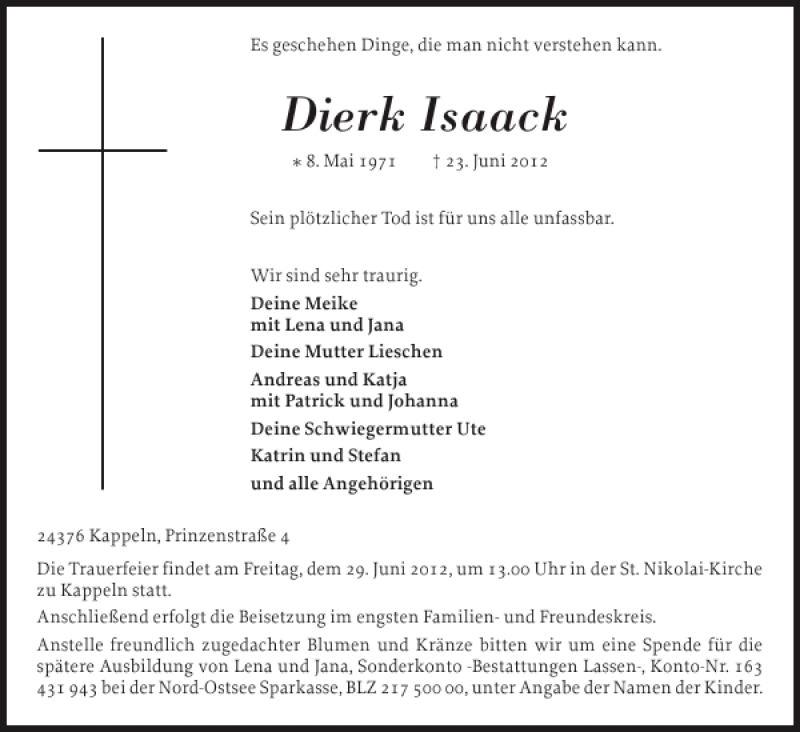  Traueranzeige für Dierk Isaack vom 26.06.2012 aus Schlei-Bote