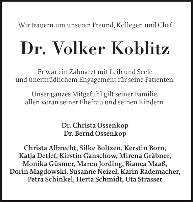  Traueranzeige für Dr. Volker Koblitz vom 06.06.2012 aus Elmshorner Nachrichten
