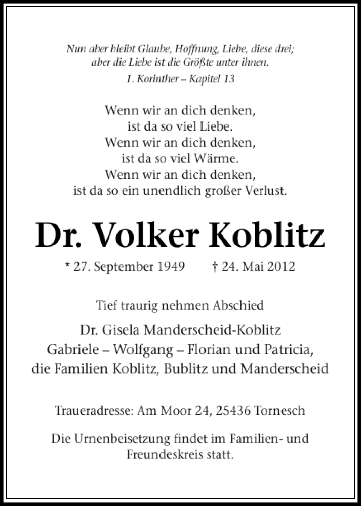  Traueranzeige für Dr. Volker Koblitz vom 04.06.2012 aus Elmshorner Nachrichten