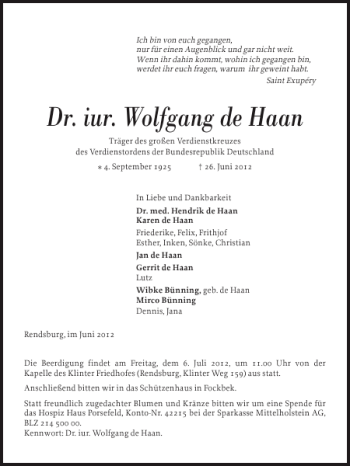 Traueranzeige von Dr. iur. Wolfgang de Haan von Landeszeitung