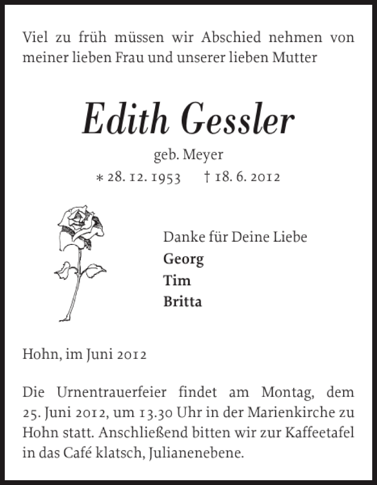  Traueranzeige für Edith Gessler vom 21.06.2012 aus Landeszeitung