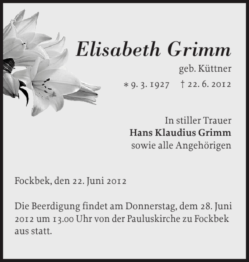  Traueranzeige für Elisabeth Grimm vom 26.06.2012 aus Landeszeitung