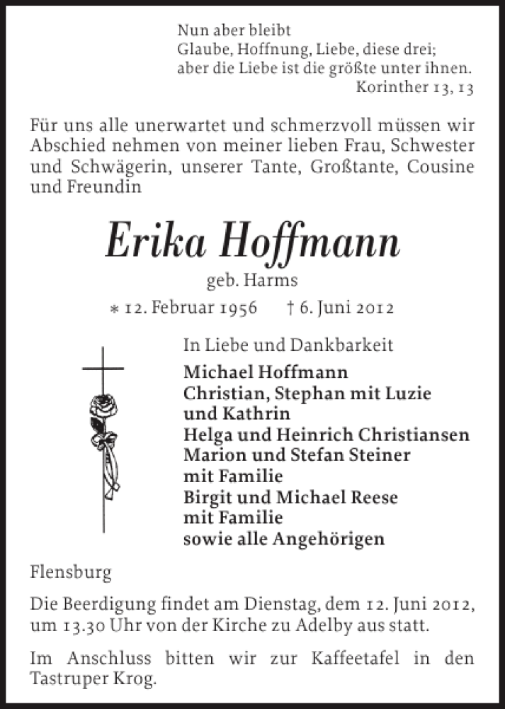  Traueranzeige für Erika Hoffmann vom 08.06.2012 aus Flensburger Tageblatt